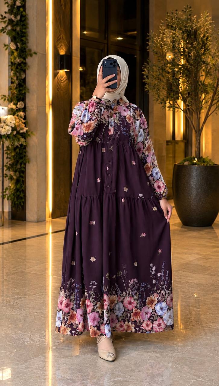 Desenli Şifon Elbise 9302
