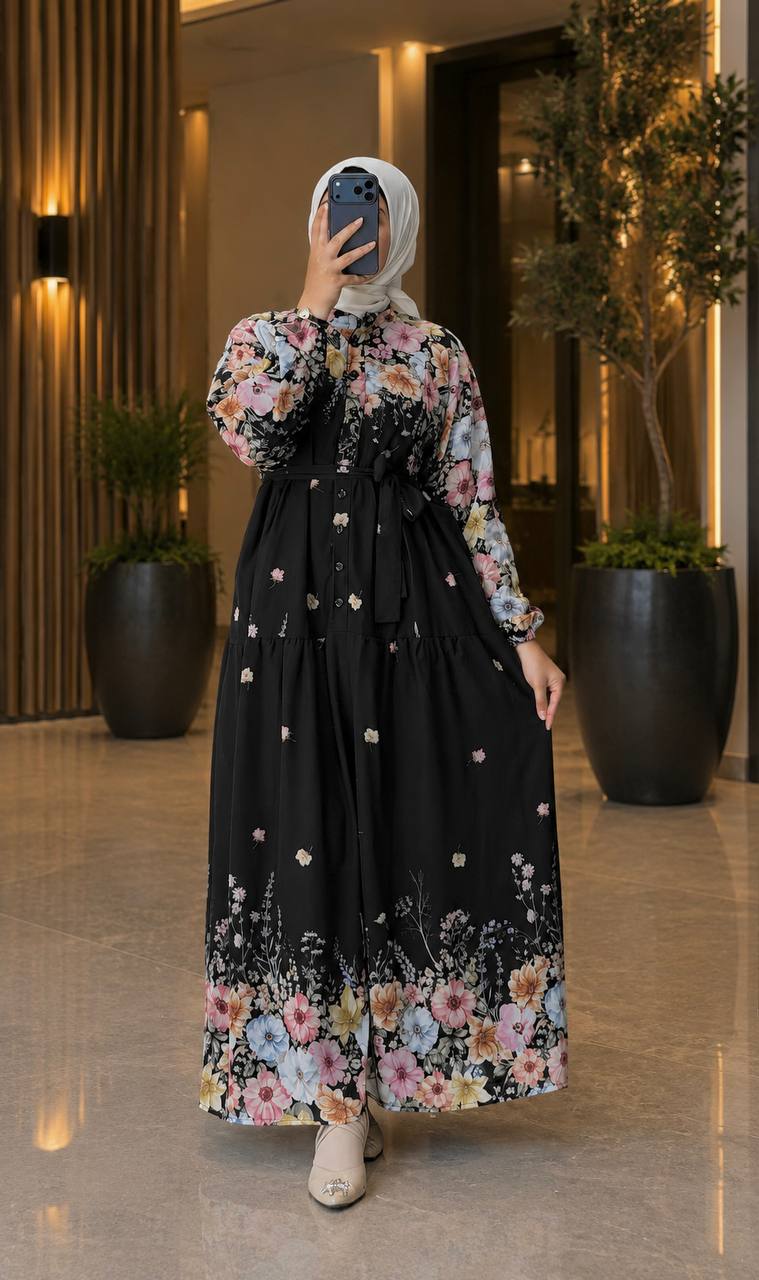 Desenli Şifon Elbise 9302 - Moda Fatma