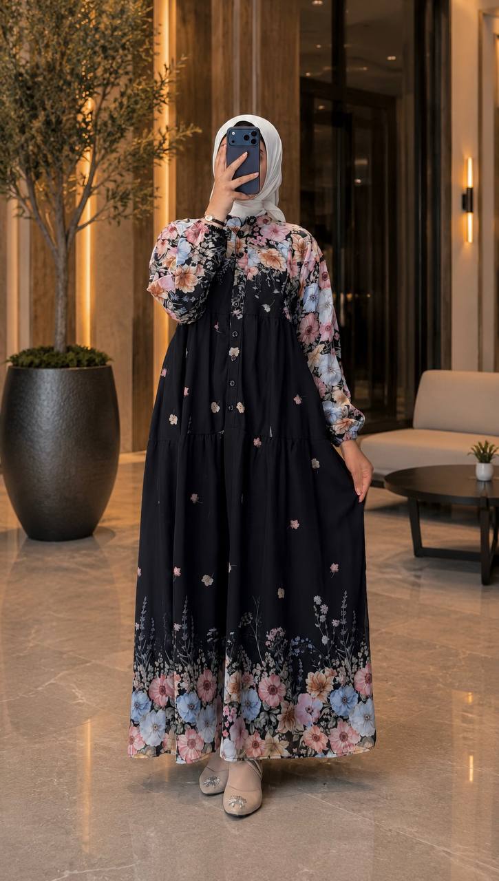 Desenli Şifon Elbise 9302