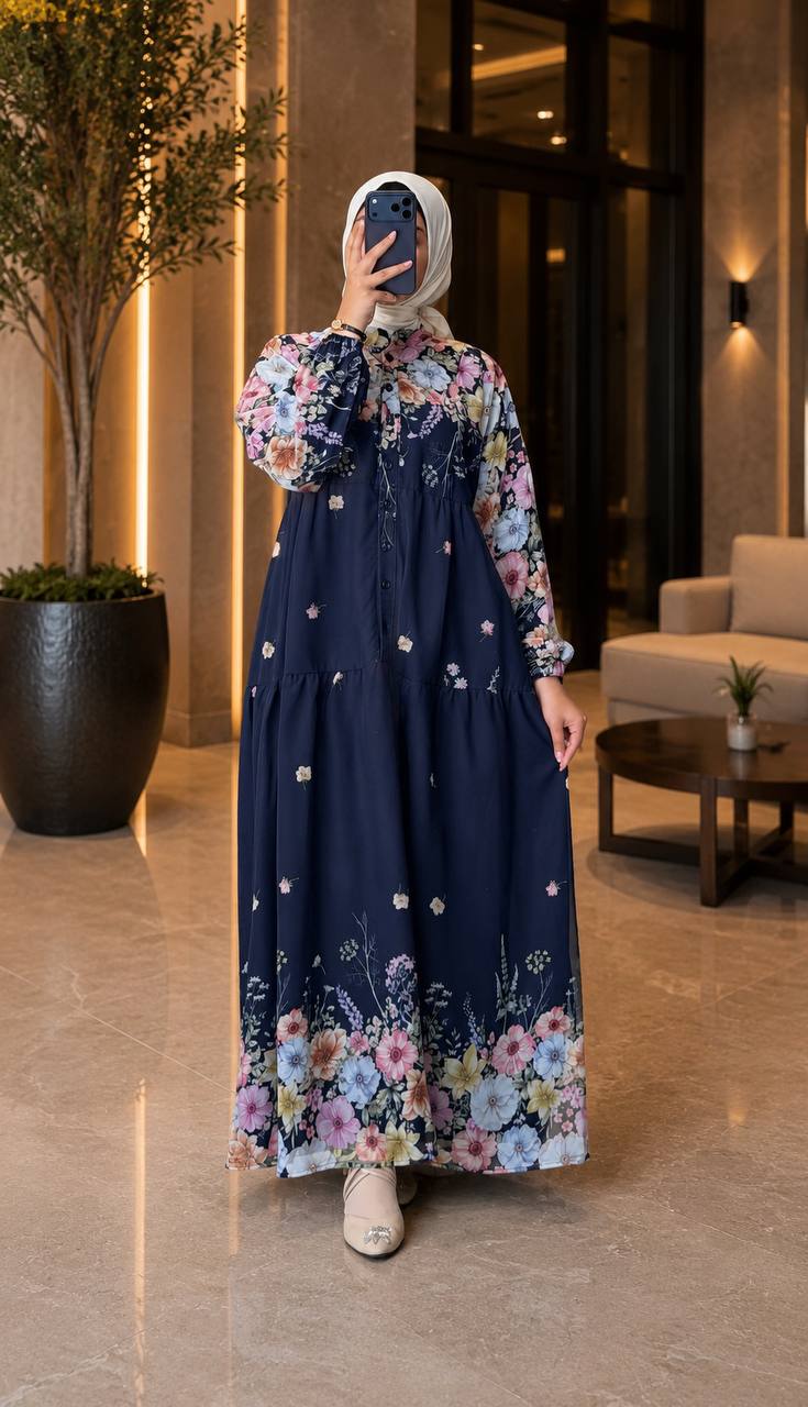 Desenli Şifon Elbise 9302 - Moda Fatma