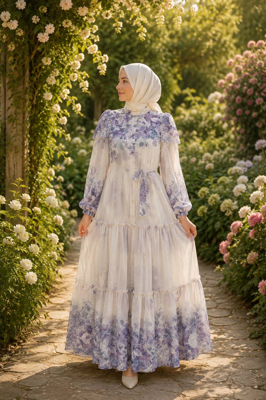 Desenli Şifon Elbise 9245