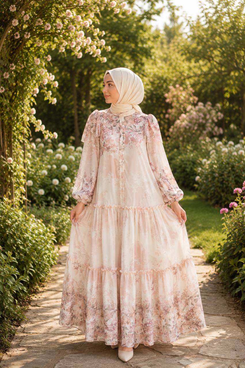 Desenli Şifon Elbise 9245