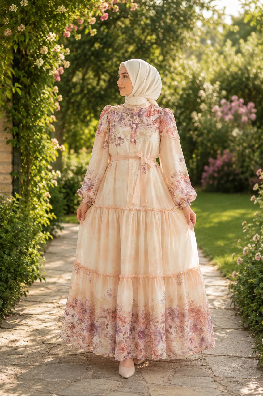 Desenli Şifon Elbise 9245