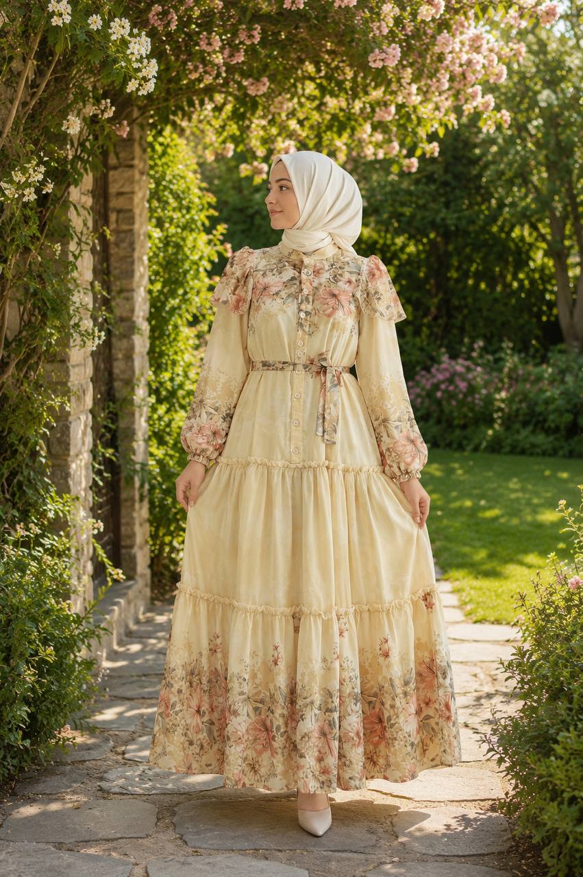 Desenli Şifon Elbise 9245