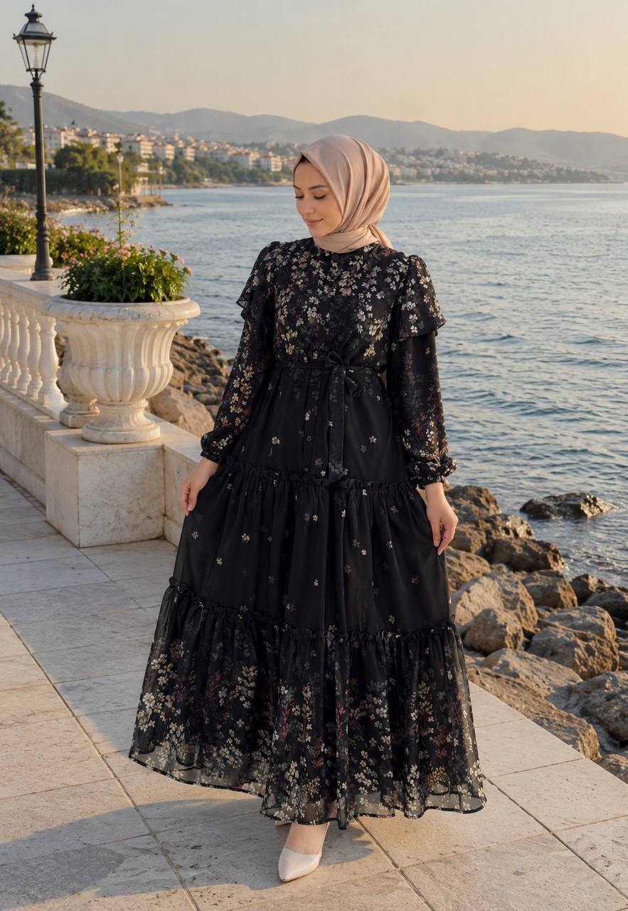 Şifon Astarlı Elbise 9245 F - Moda Fatma