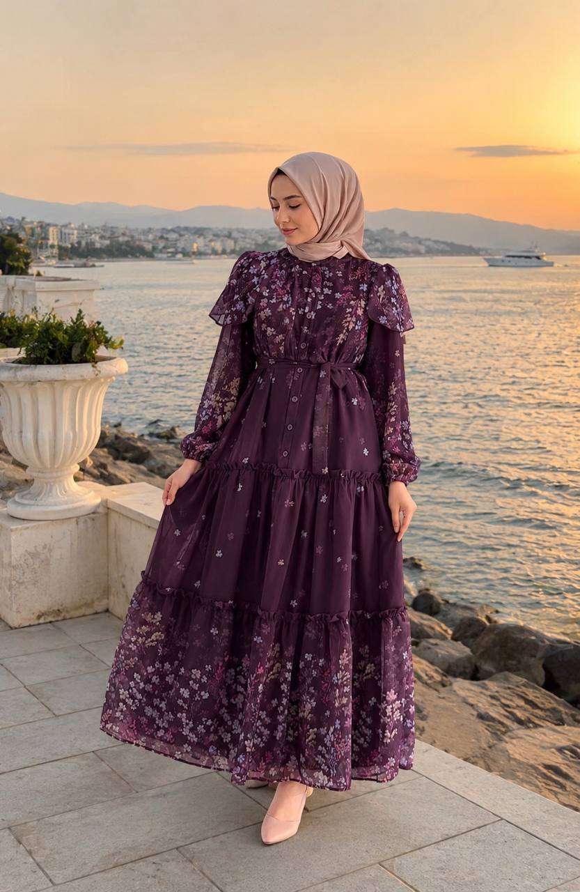 Şifon Astarlı Elbise 9245 F - Moda Fatma